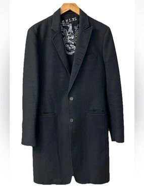 Andrew Buckler Upscale Designer Asymmetrical Men’s Black Long Coat Jacket Sz M